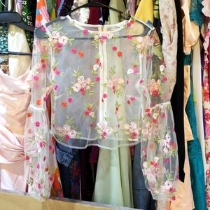 Floral embroidered sheer/mesh cropped  top